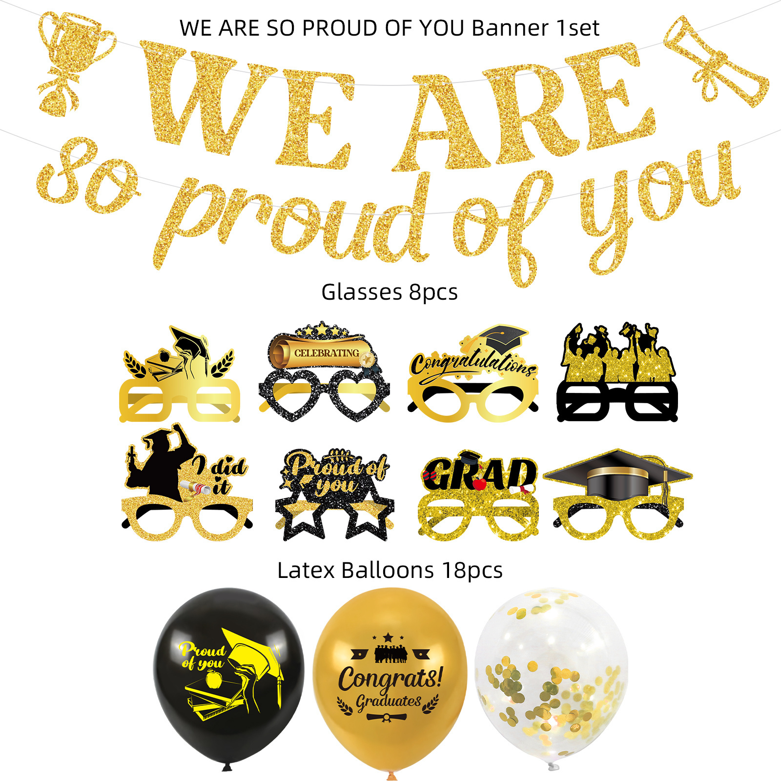 Umiss 2023 Graduation party decorations Golden banner Paper glasses Confetti balloons supplies