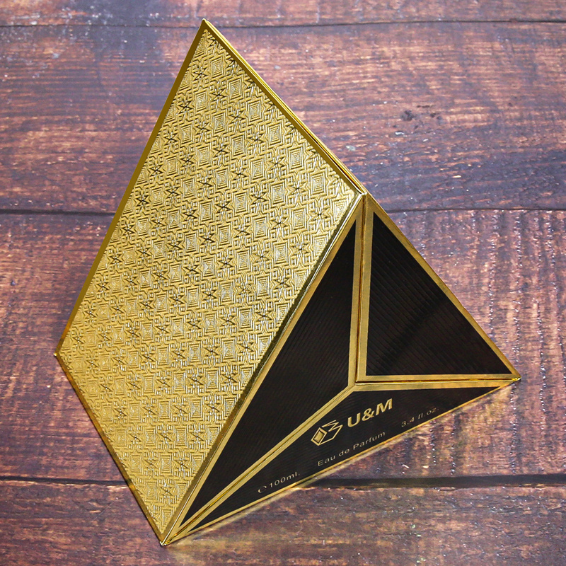 Pyramid Shape Hot Stamping Gold Cardboard Luxury Empty Round Perfume Packaging Box Set with Bottle Design