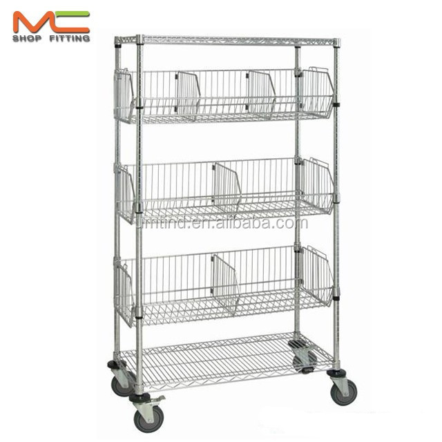 Customized wire market basket shelf stand with wheels stacking fruit vegetable metal cage