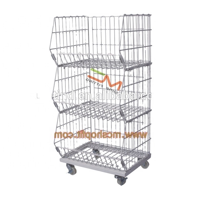 Movable Tilted Basket Shelf/warehouse cage shelf/Stackable wire baskets with wheels