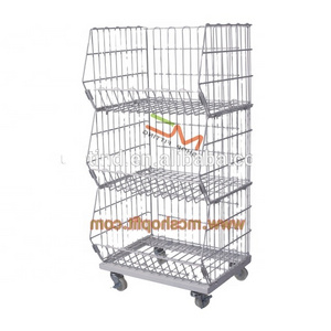 Movable Tilted Basket Shelf/warehouse cage shelf/Stackable wire baskets with wheels