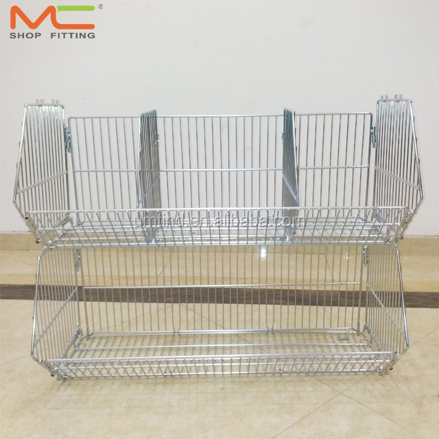 Movable Tilted Basket Shelf/warehouse cage shelf/Stackable wire baskets with wheels