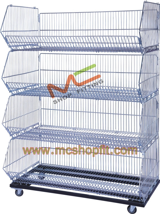 Movable Tilted Basket Shelf/warehouse cage shelf/Stackable wire baskets with wheels