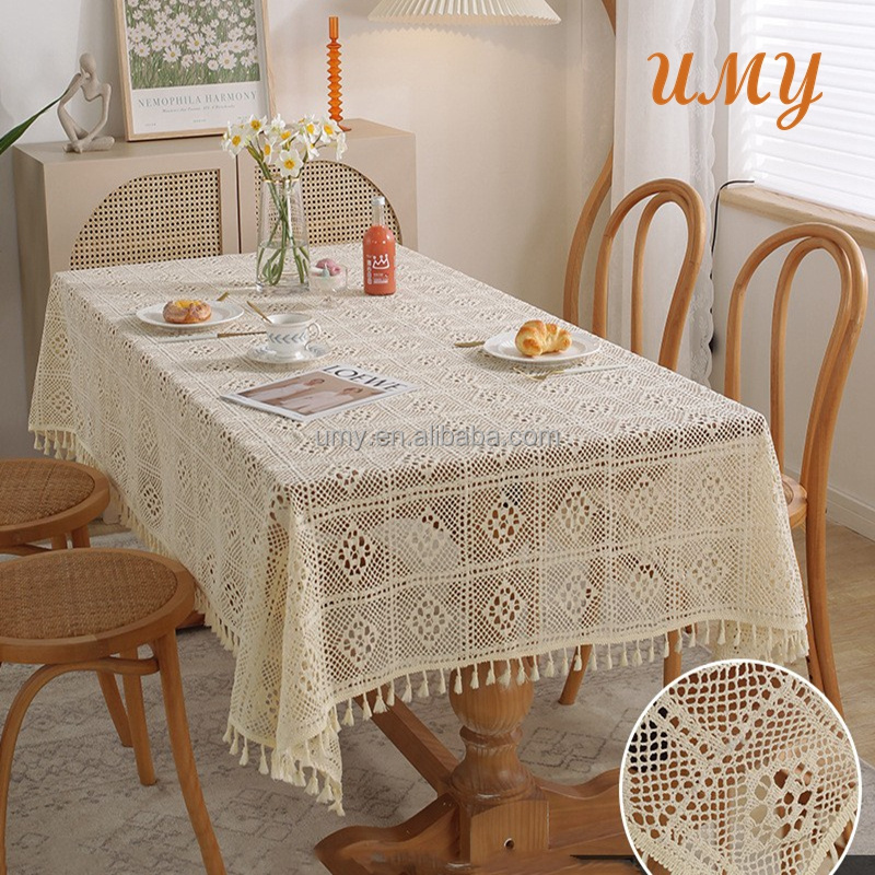 White Elegant Table Tablecloths Overlay Cover Custom Square Rectangular Crochet Table Cloth Crocheted For Wedding