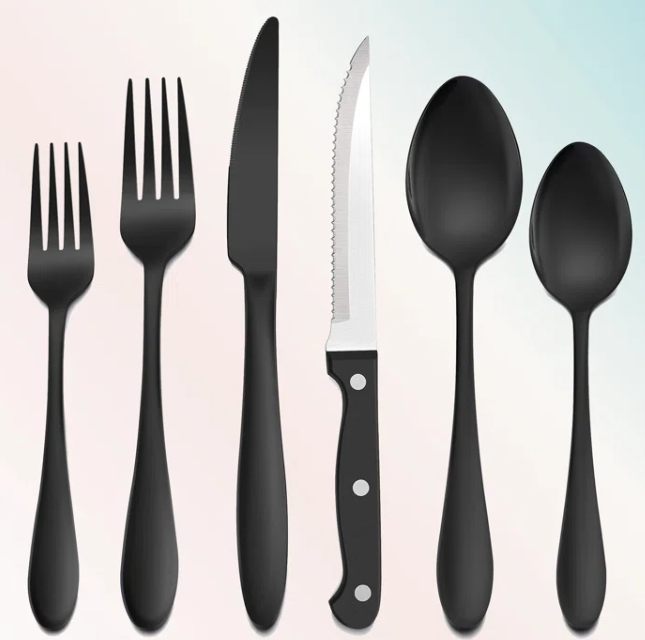 Cutlery Sets Best For Partyware Italian Restaurants Black Coated Silverware With Reusable Quality Logo printed Solid Cutlery