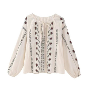 Summer polyester simple casual fashion embroidery long sleeves crew neck women's top/blouse