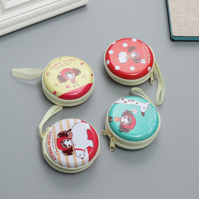 Creative round tinplate cartoon storage pouch earphone mini zipper coin purse wholesale