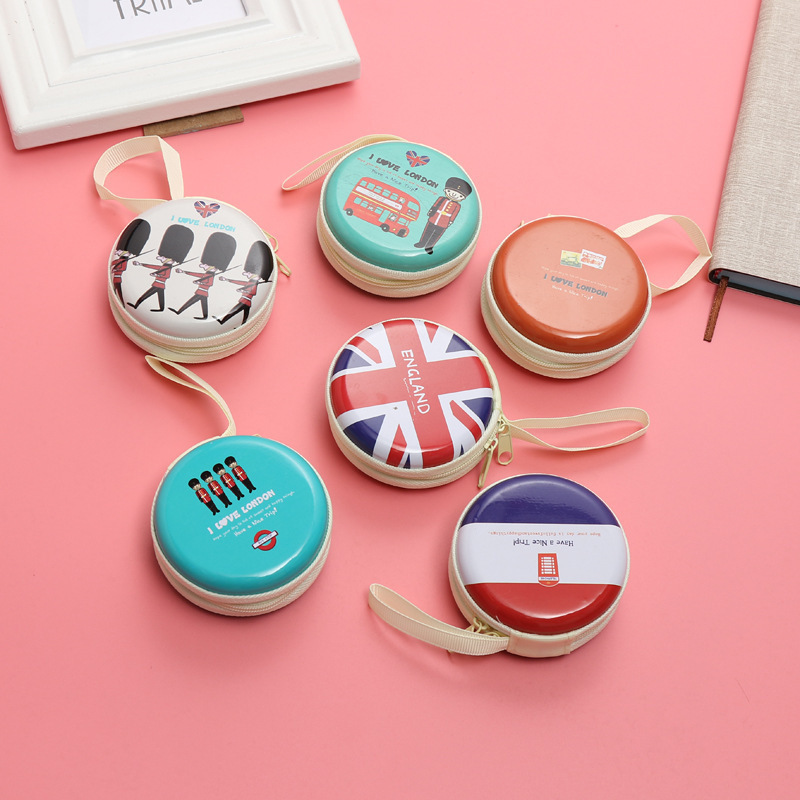 Creative round tinplate cartoon storage pouch earphone mini zipper coin purse wholesale