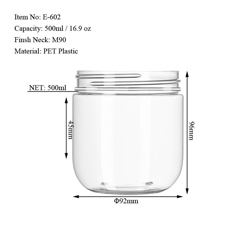 500ml 16oz Empty Clear PET Round Wide Mouth Honey Plastic Jar for Chocolate Sugar Snack Candy Food Storage Packaging Supply