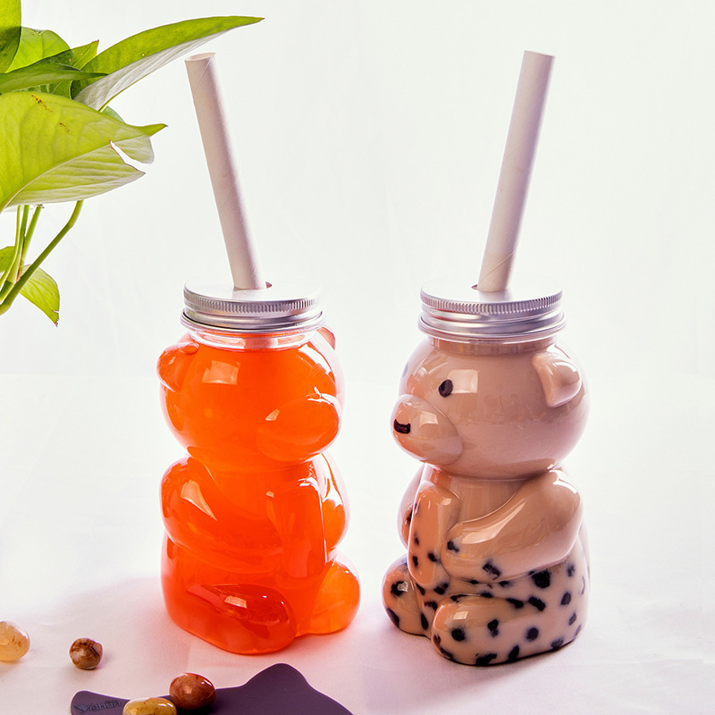 Creative 500ml 16oz PET Plastic Transparent Bear Shaped Beverage Bottle for Juice Smoothie Bubble Tea Cold Brew Coffee