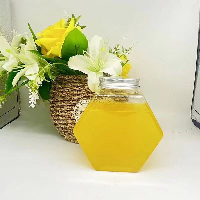 Spot hexagonal PET plastic bottle 450ML disposable transparent juice bottle candy bottle honey jar