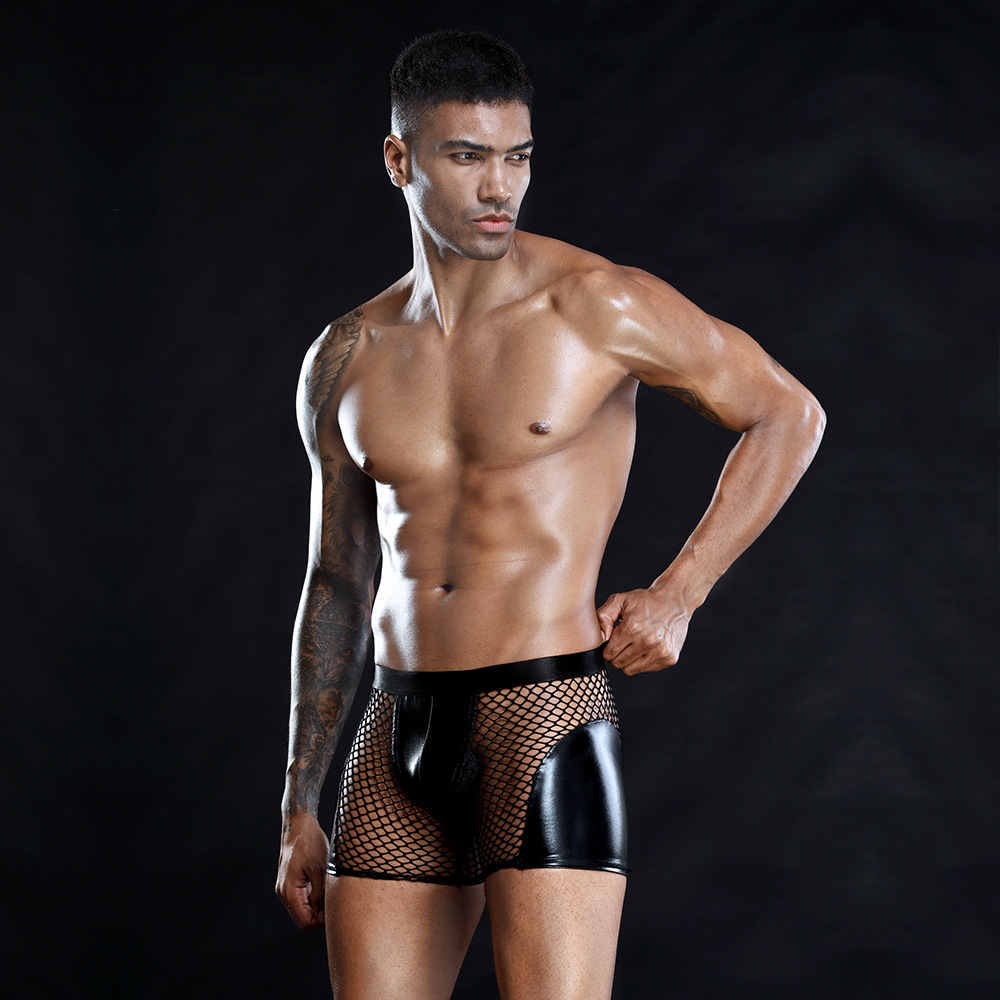 Spot men's black sexy boxers imitation patent leather sexy underwear  g-string thong