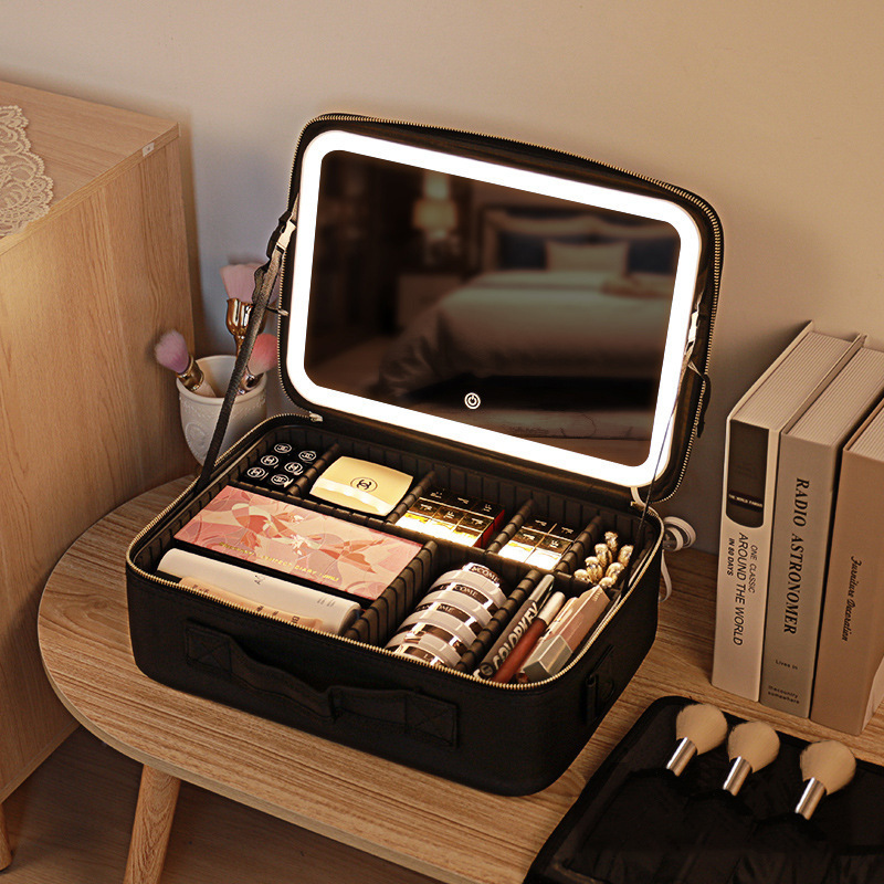 LED Cosmetic Case with Mirror Travel Cosmetic Bag PU Makeup Bags Portable Makeup Organizer Large Capacity Toiletry Bags