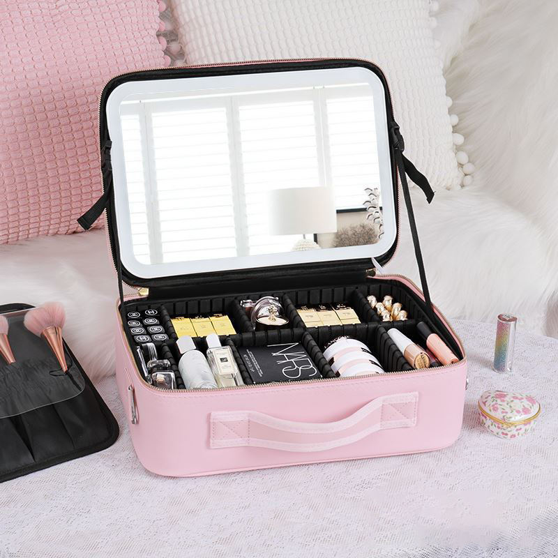 LED Cosmetic Case with Mirror Travel Cosmetic Bag PU Makeup Bags Portable Makeup Organizer Large Capacity Toiletry Bags