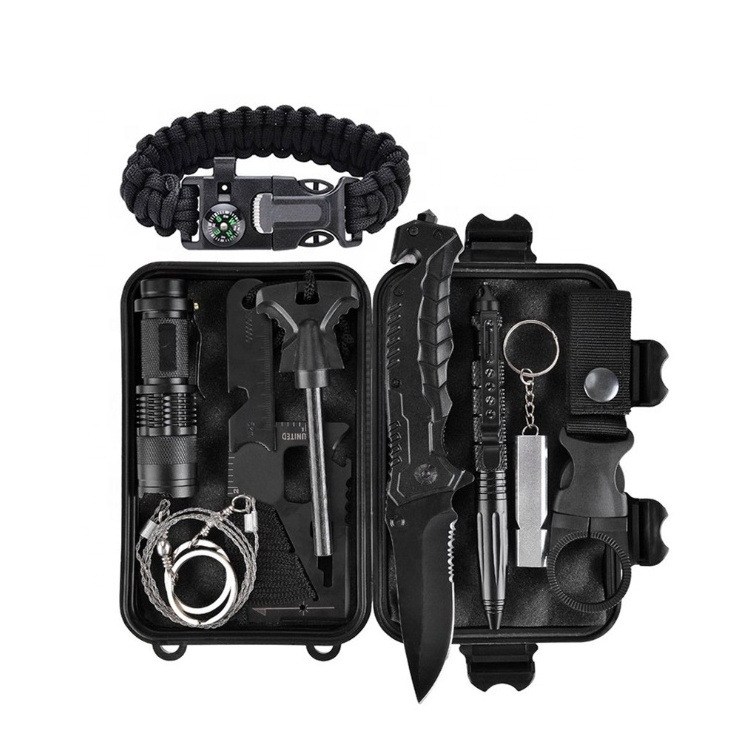 Emergency Camping Tactical EDC Tools 11 in 1 Survival Kit Outdoor SOS Survival Gear Kit with Knife Fire Starter Flashlight