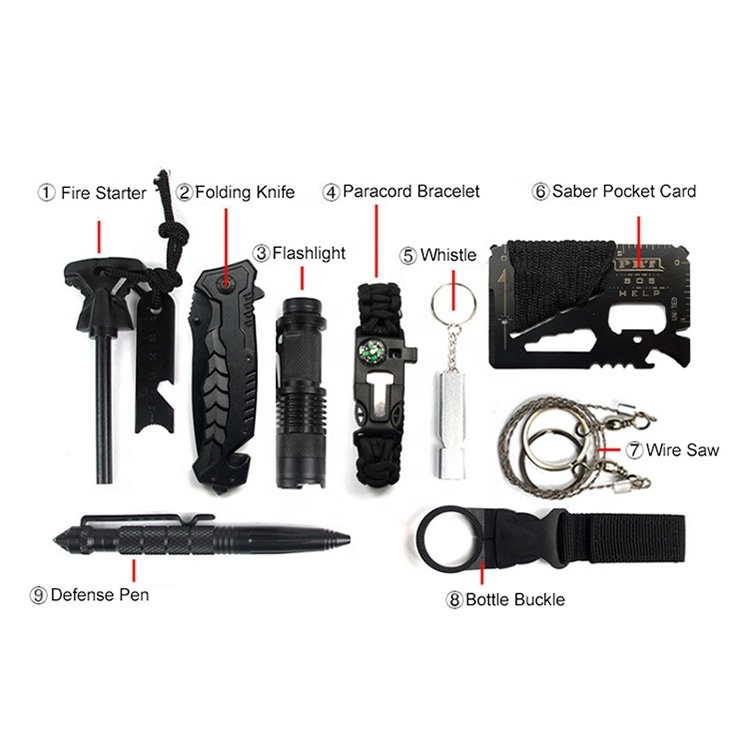 Emergency Camping Tactical EDC Tools 11 in 1 Survival Kit Outdoor SOS Survival Gear Kit with Knife Fire Starter Flashlight