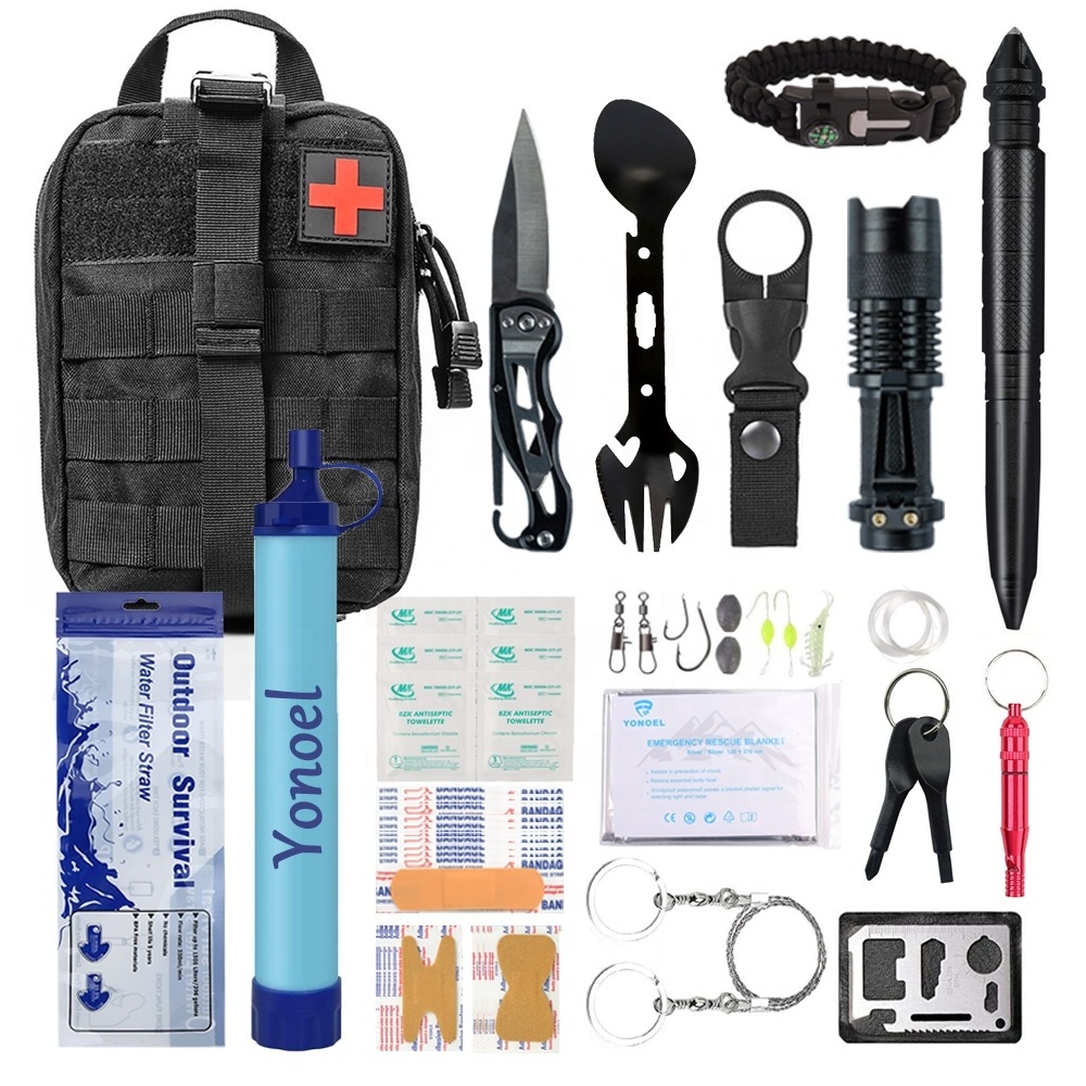 Outdoor Camping Survival Gear Water Purification Straw Emergency First Aid Survival Kit with Molle Pouch