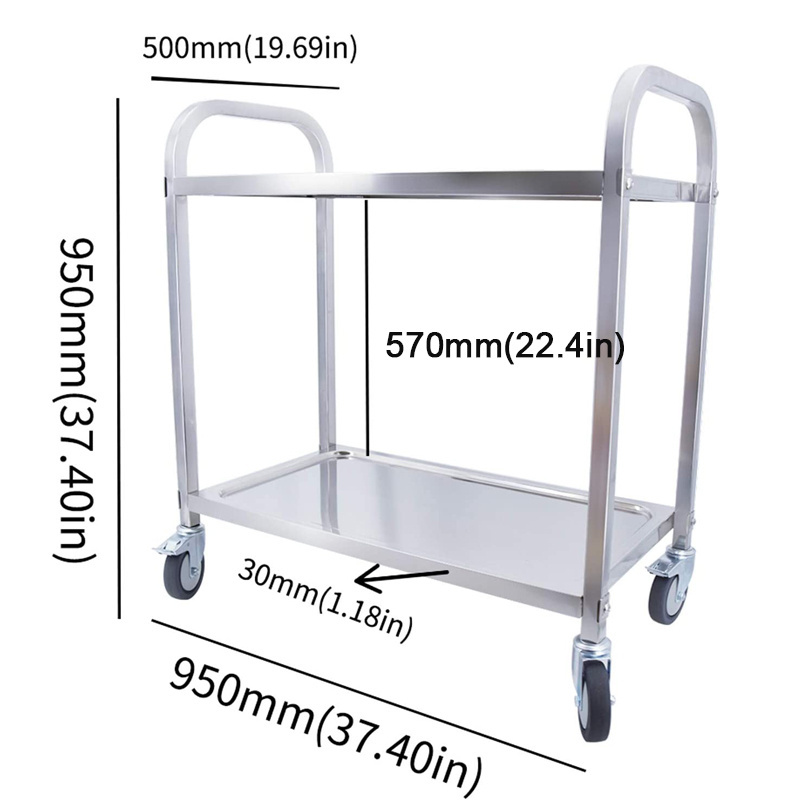 Uni-Silent 150kgs Stainless Steel Utility Cart 2-Tier Serving Cart with Wheels Catering Storage Shelf with Locking ST150R-T2-D