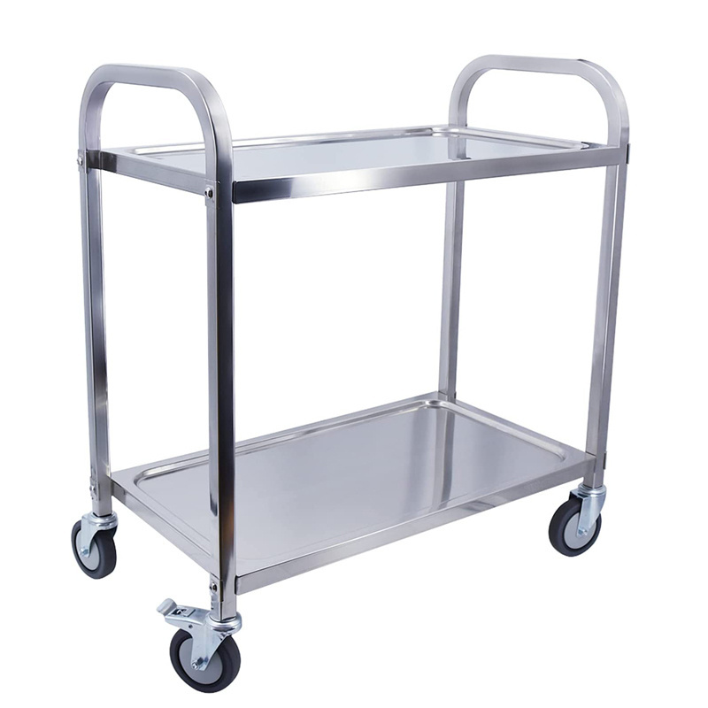 Uni-Silent 150kgs Stainless Steel Utility Cart 2-Tier Serving Cart with Wheels Catering Storage Shelf with Locking ST150R-T2-D