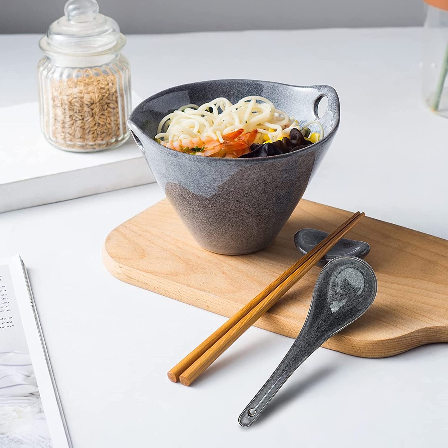 UNICASA OME Porcelain Noodle Bowl for Udon Pho Salad Soup Ceramic Ramen Bowl Set with Chopsticks