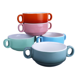 Colorful Factory Made Ceramic Soup bowl foodsafe dinnerware set Stoneware round baking bowl binaural cup microwave oven safe