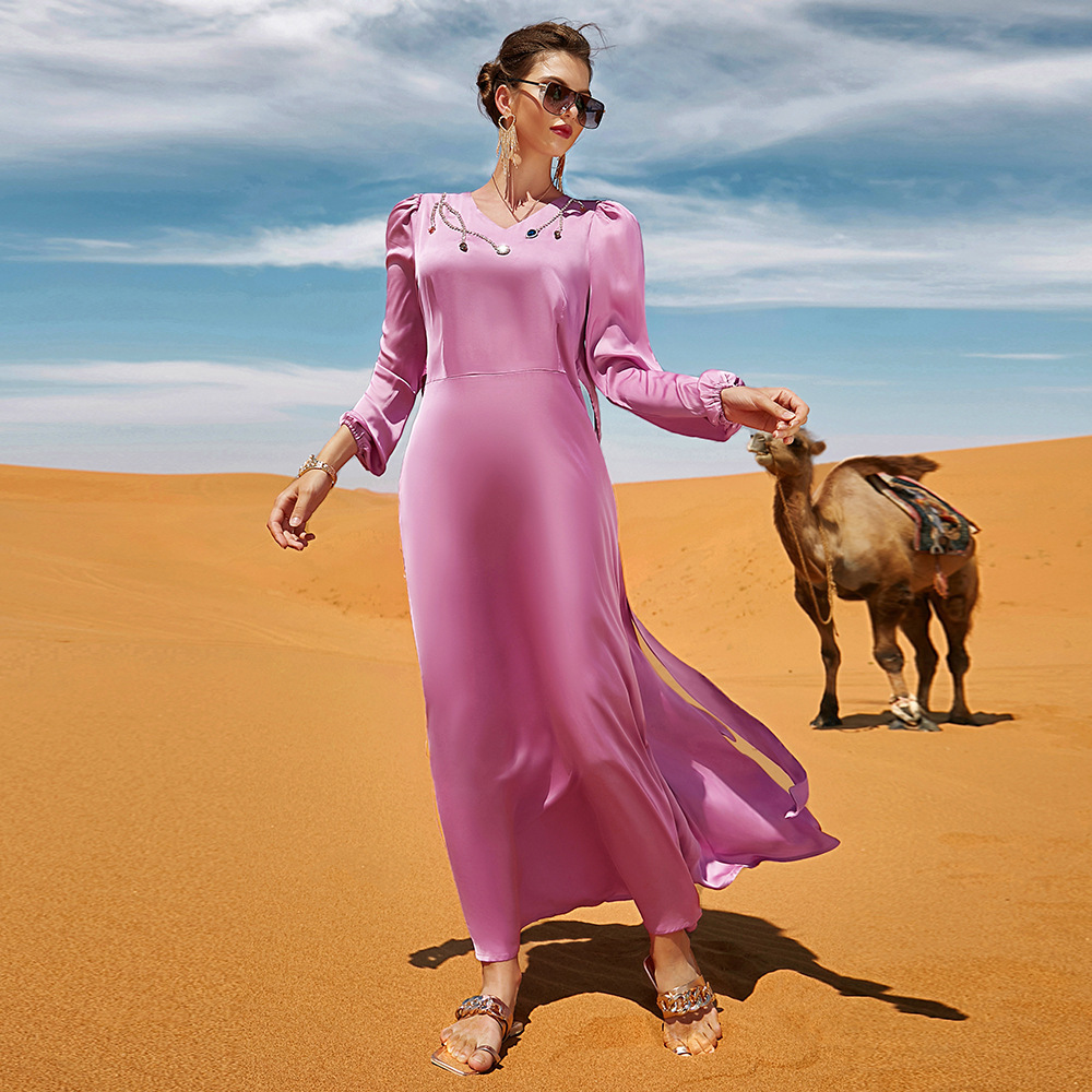 2023 Best Selling High Quality Monsoon Purple Pink V Neck Rhinestone Dress urkey Dress Long Dress Pink Muslim Dubai Abaya