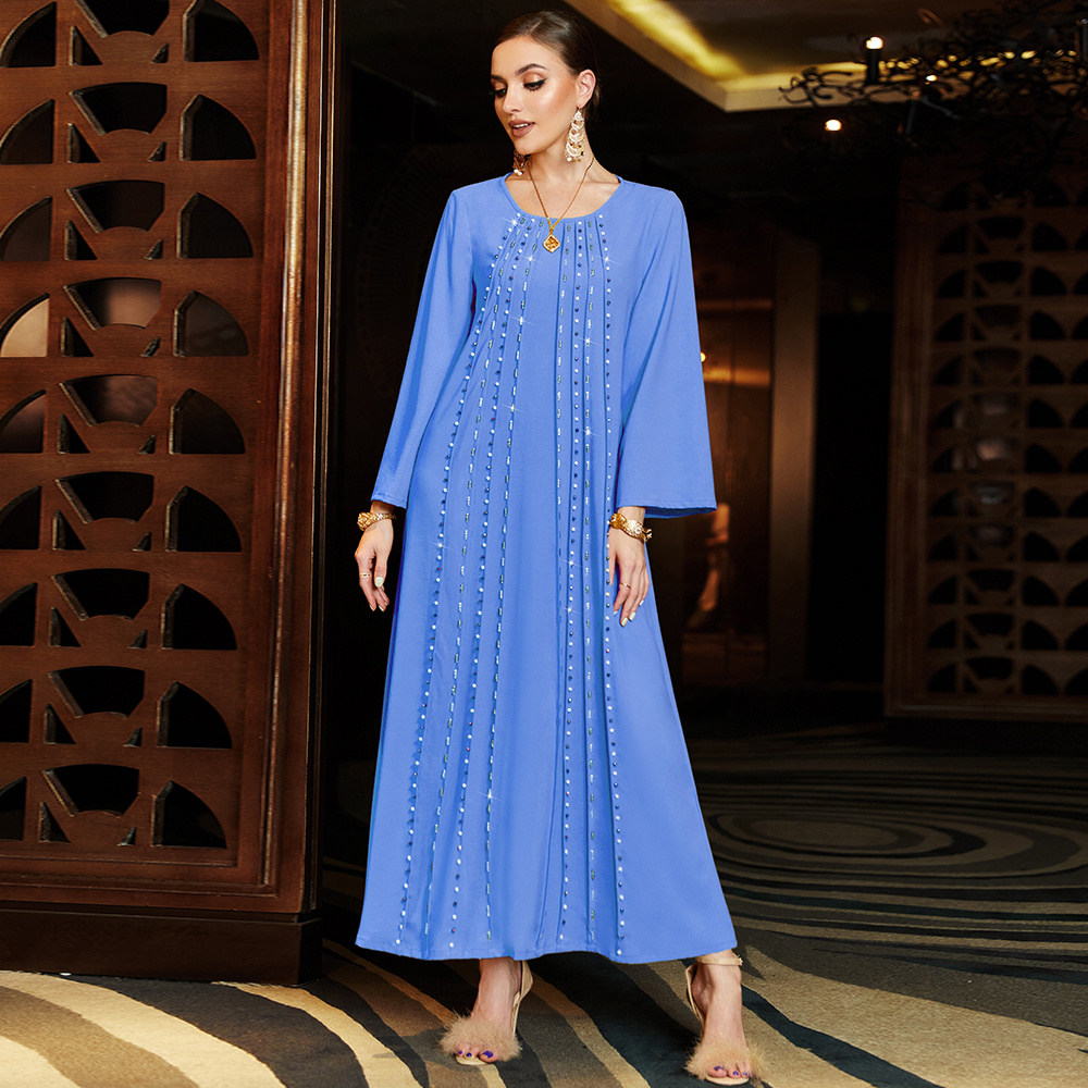 BA3109 	2023 Modest Dress Dubai crew neck hand made Abaya  Muslim kaftan