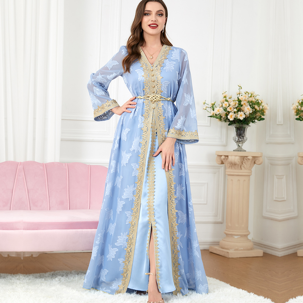 Elegant Printed Chiffon Retro Wedding Abaya Muslim Dress Maxi Pakistani Dresses Salwar Kameez Evening Womens Dresses