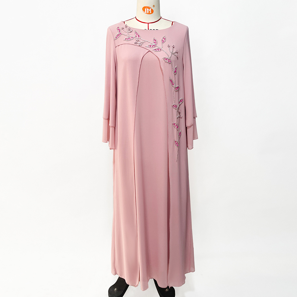 BA3047 dubai abaya pink  crew neck  kaftan Dress hand made Jubah Muslim Women dubai Abaya