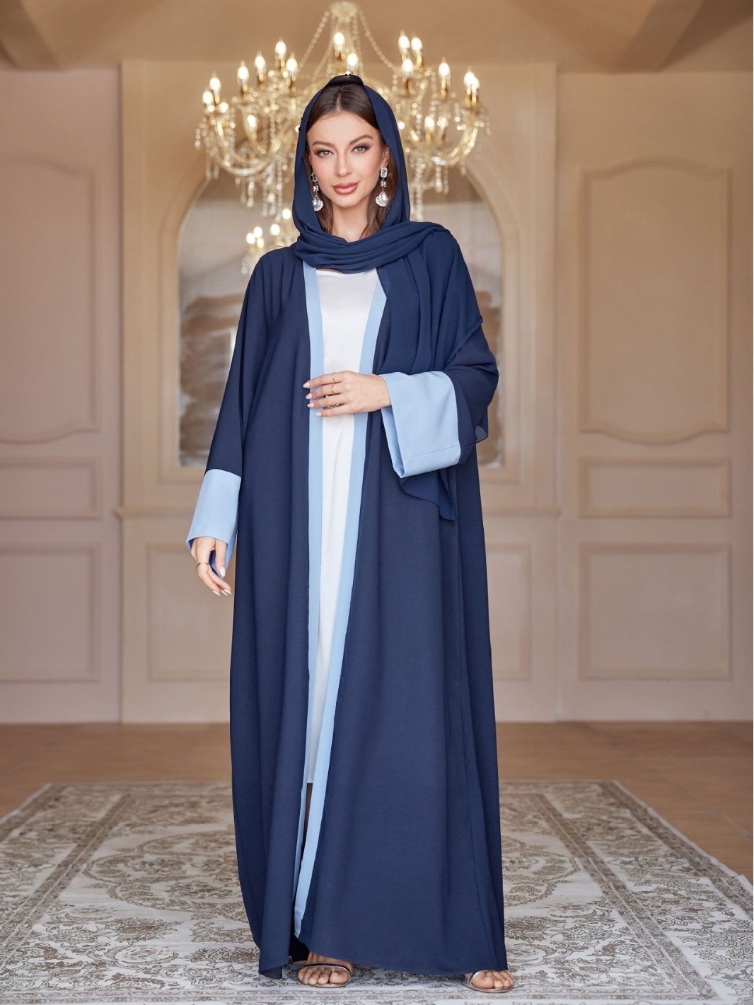 Dubai Abaya Wholesale Muslim Patchwork Sleeves Open Abaya For Muslim Women With Turban Women's Abaya