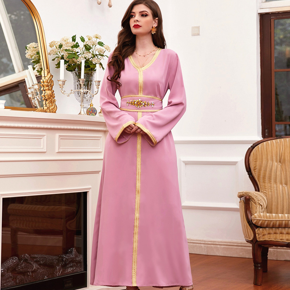 Women Evening Gown Dubai Abayas pink V -neck rhinestick belt temperament long skirt Middle Eastern Muslim Dresses