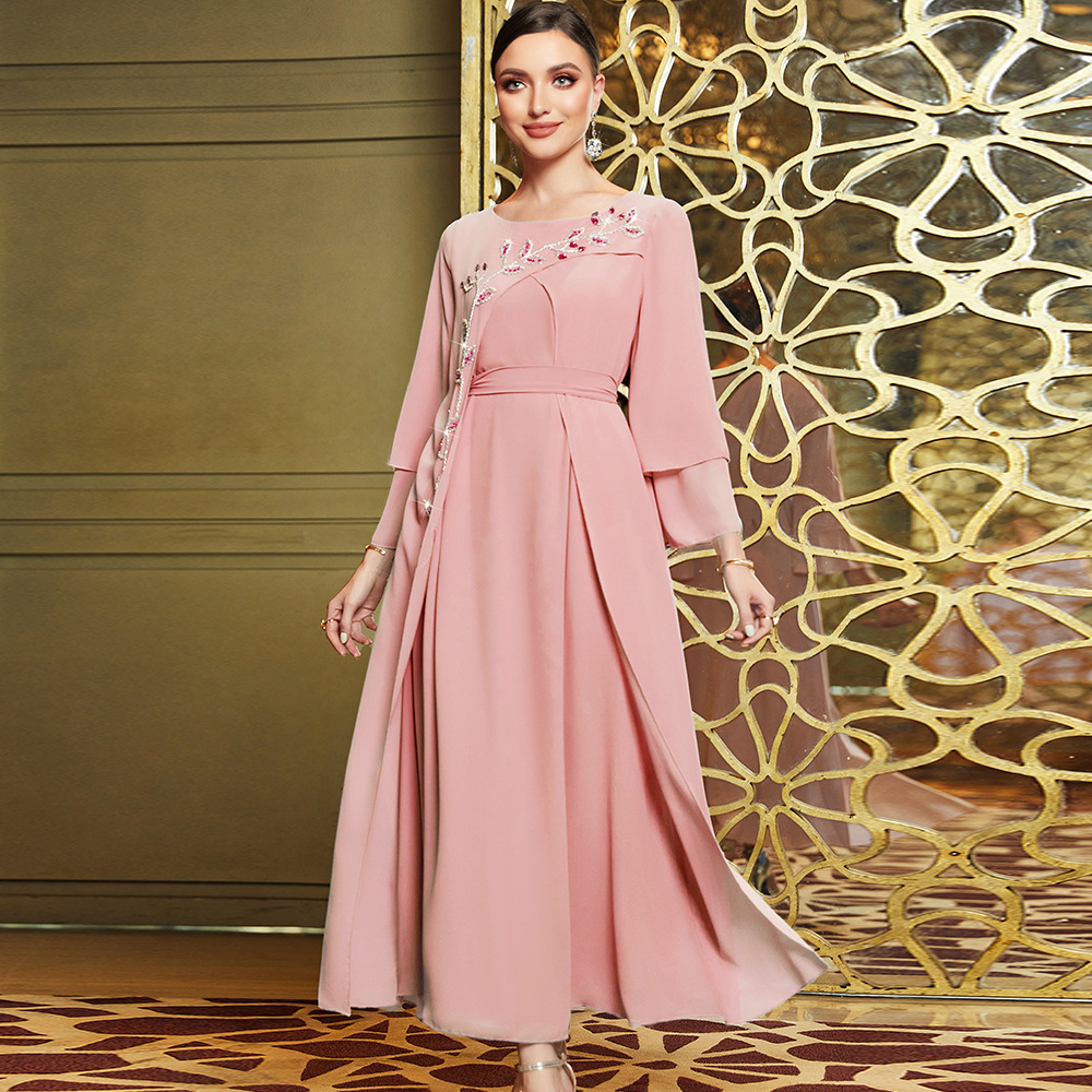 BA3047 dubai abaya pink  crew neck  kaftan Dress hand made Jubah Muslim Women dubai Abaya