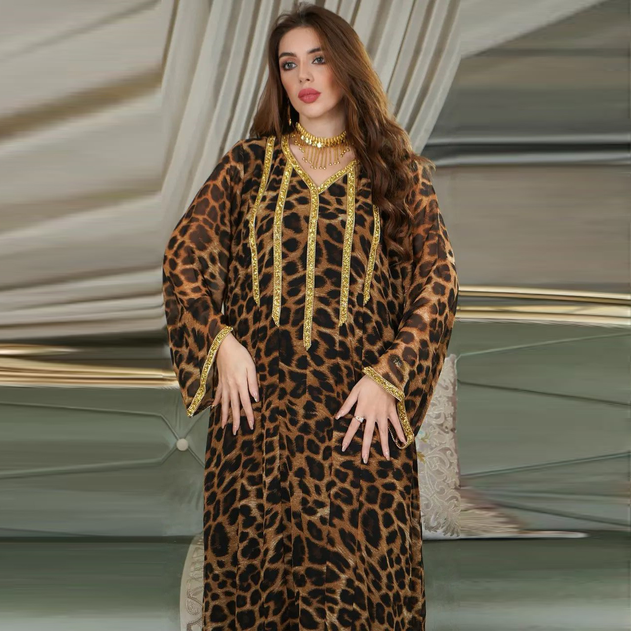 European and American fried street leopard print spring brown hot diamond women's long Middle Eastern fashion Arab-Muslim dress