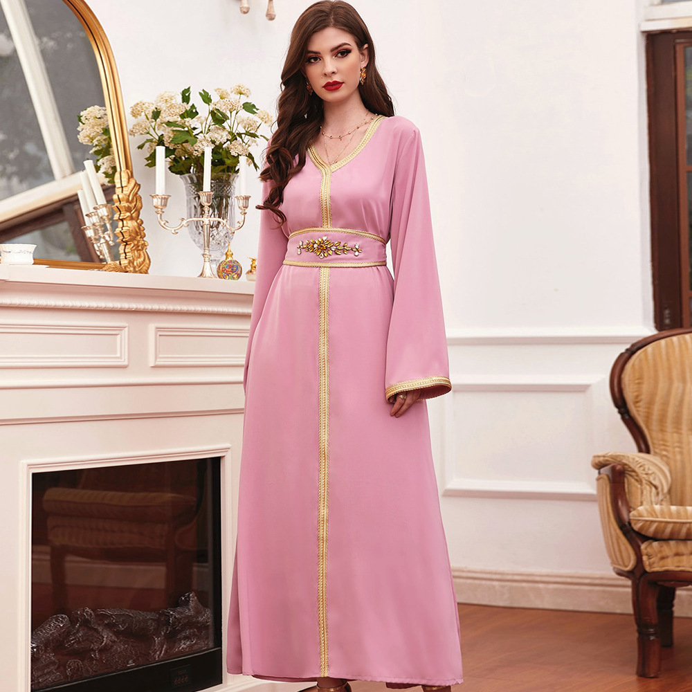 Women Evening Gown Dubai Abayas pink V -neck rhinestick belt temperament long skirt Middle Eastern Muslim Dresses