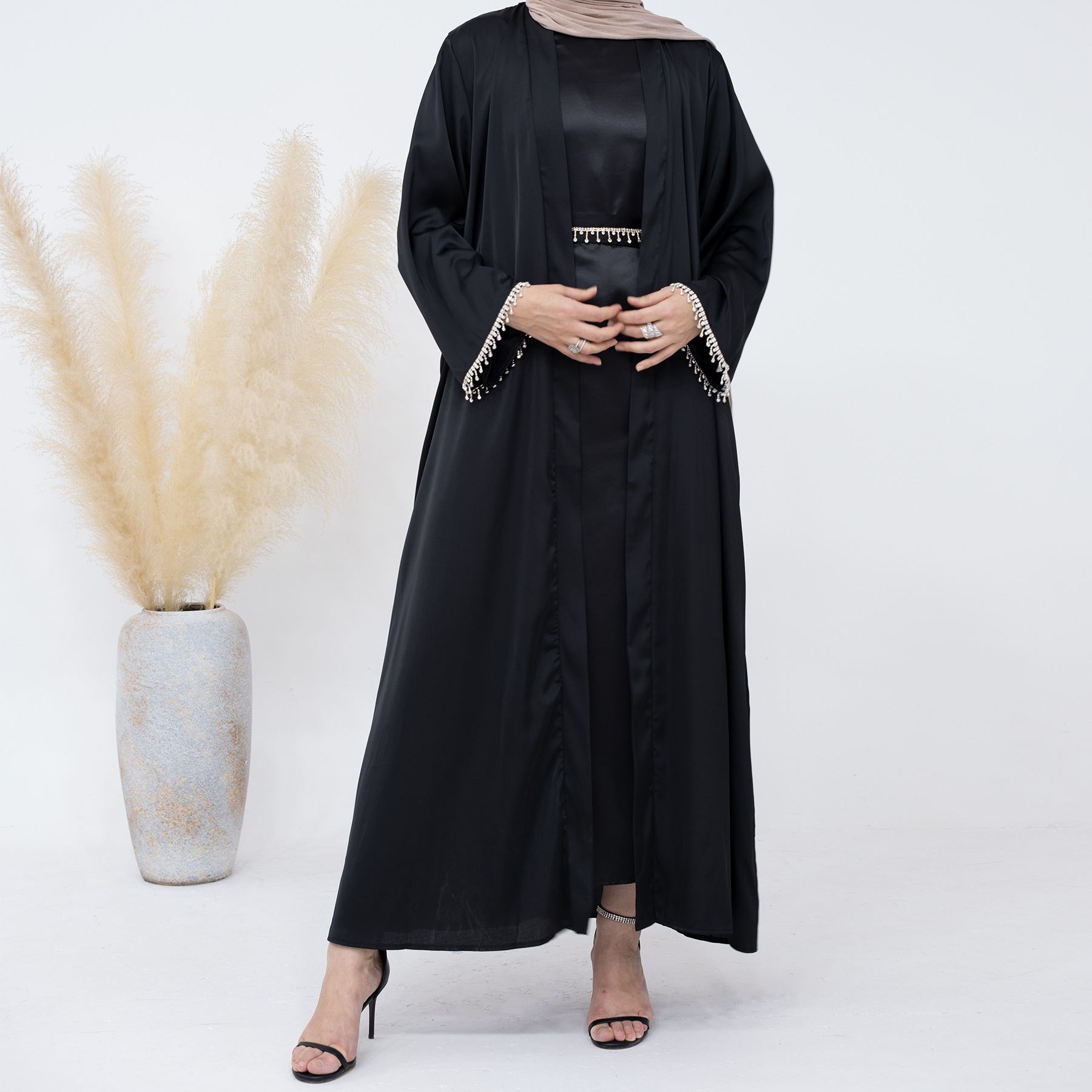 2pcs Luxurious dubai abaya open +1 beaded abaya muslim full dress modesty abaya