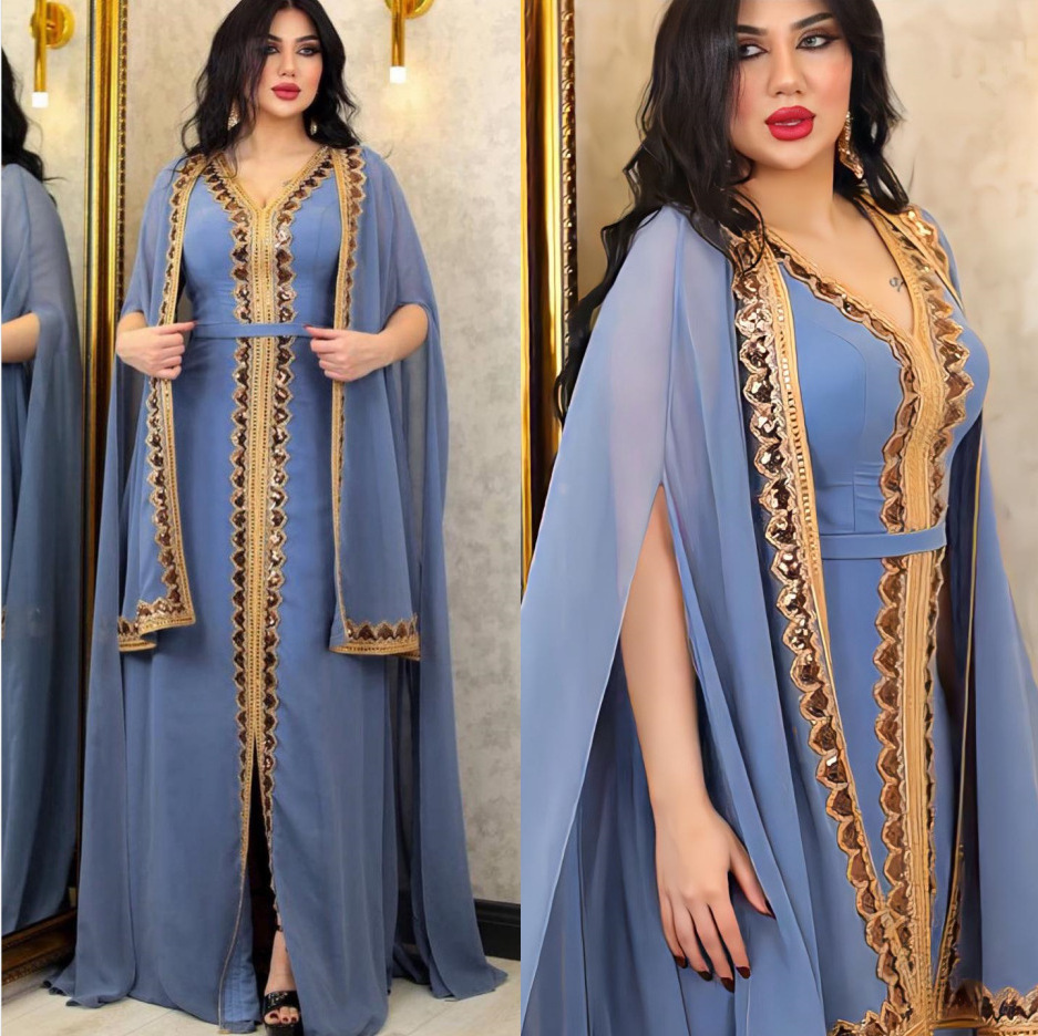 2023 Hot Selling Styles Two Pieces Set V-Neck Lace Chiffon Abaya Front Open For Women Muslim Dress Abaya