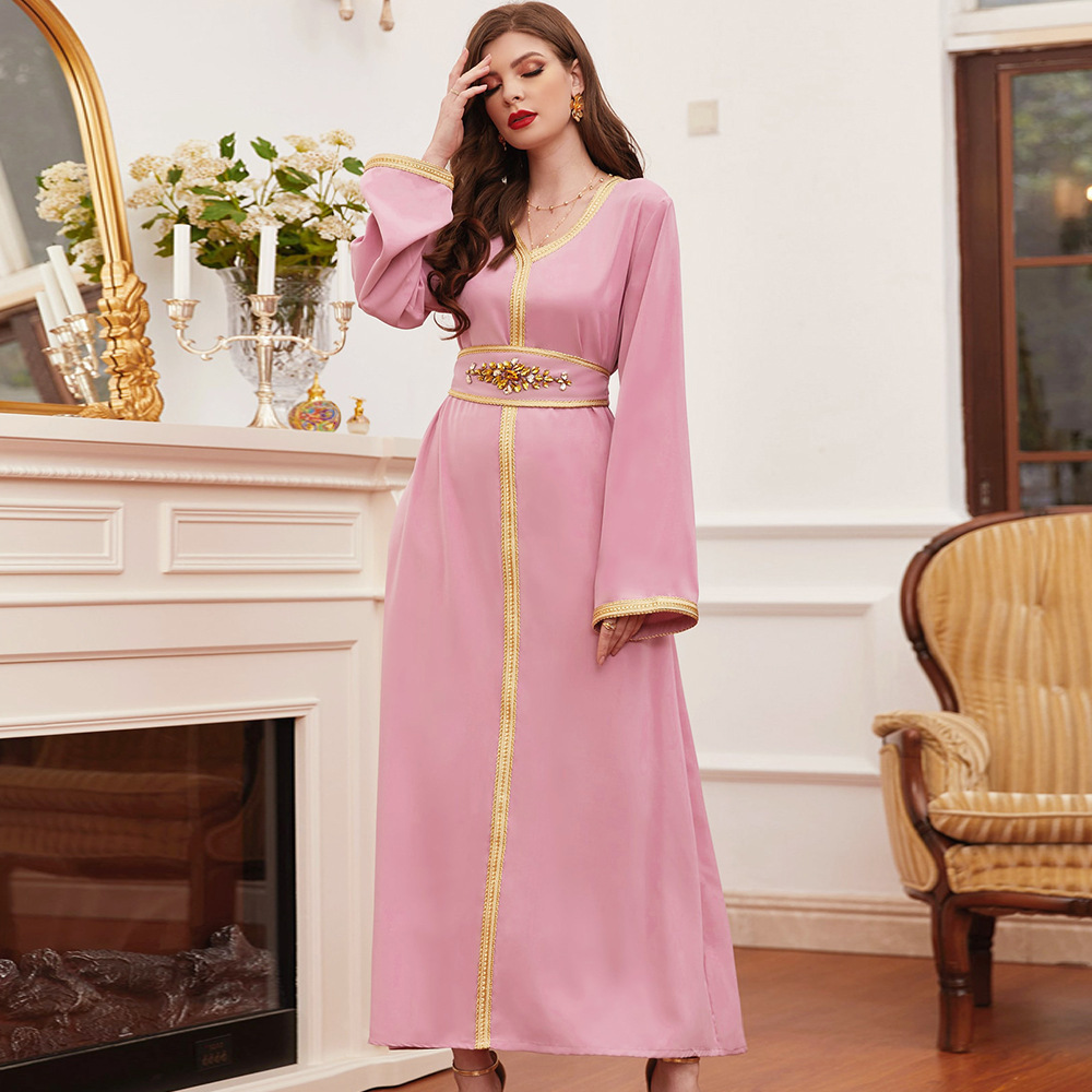 Women Evening Gown Dubai Abayas pink V -neck rhinestick belt temperament long skirt Middle Eastern Muslim Dresses