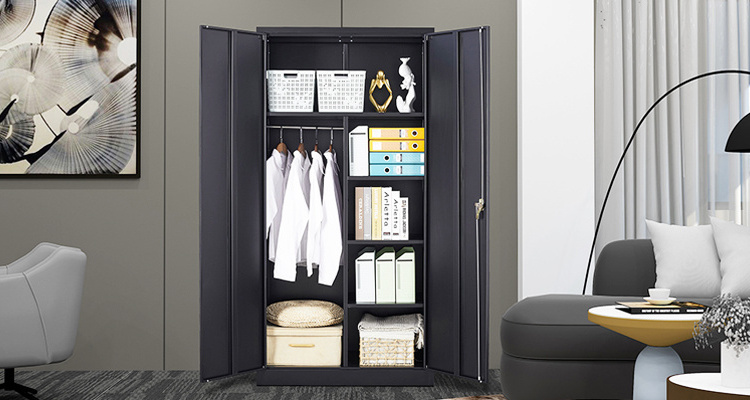 Home furniture modern design steel furniture knock down 2 door black metal wardrobe locker