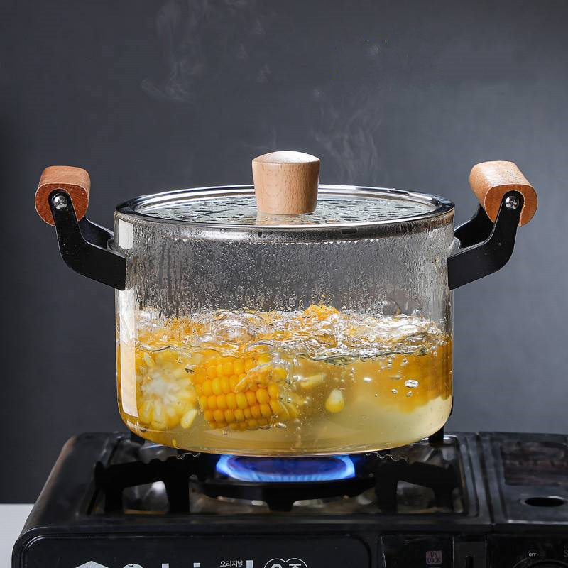 Wholesale transparent high borosilicate heat resistant glass cooking pot with wood handle