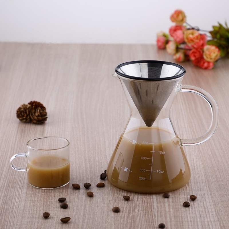 17OZ/500ml Coffee Maker Pour Over Glass Carafe / Drip Pour-Over Coffee Pot with Metal Cone Dripper