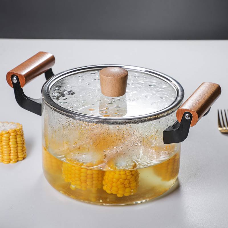 Wholesale transparent high borosilicate heat resistant glass cooking pot with wood handle