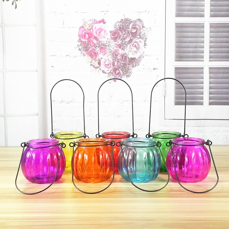 Pumpkin Shaped Colored Glass Candle Holder Candle Glass Vessels Christmas Candle Jars With Carrying Handle