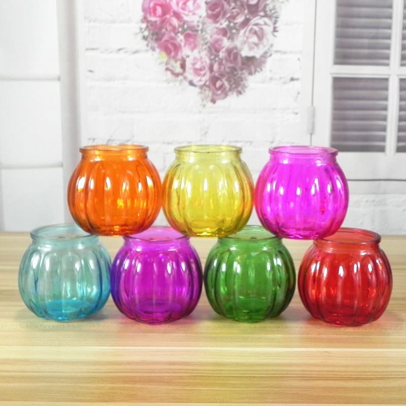 Pumpkin Shaped Colored Glass Candle Holder Candle Glass Vessels Christmas Candle Jars With Carrying Handle