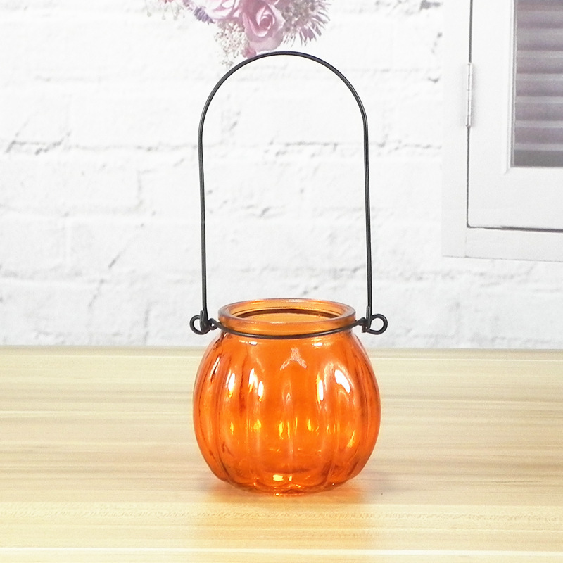 Pumpkin Shaped Colored Glass Candle Holder Candle Glass Vessels Christmas Candle Jars With Carrying Handle