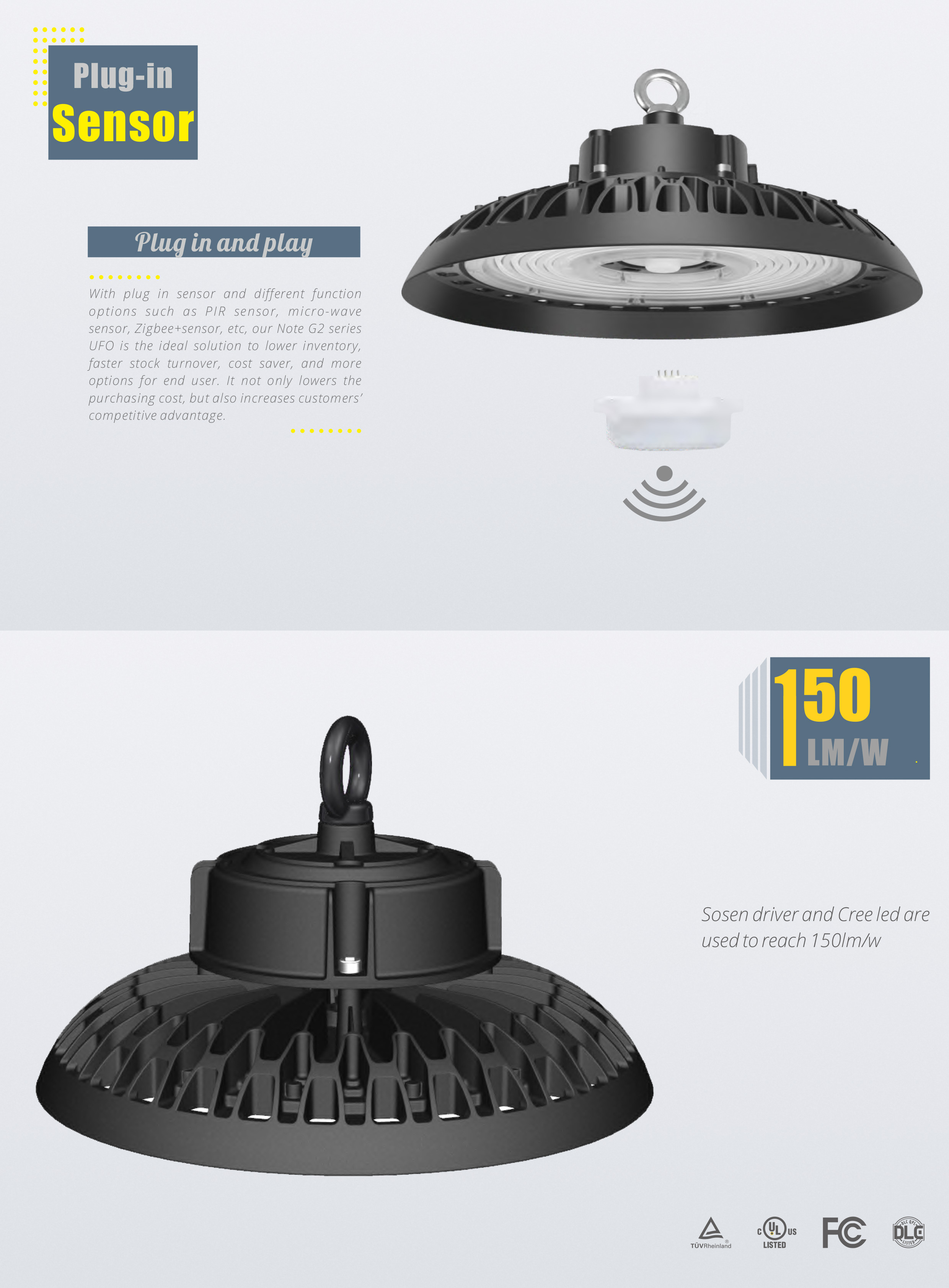 100w 120w 150w 200w Led High Bay Light 200lm/w UFO High Bay  With Sensor For Warehouse Stadium