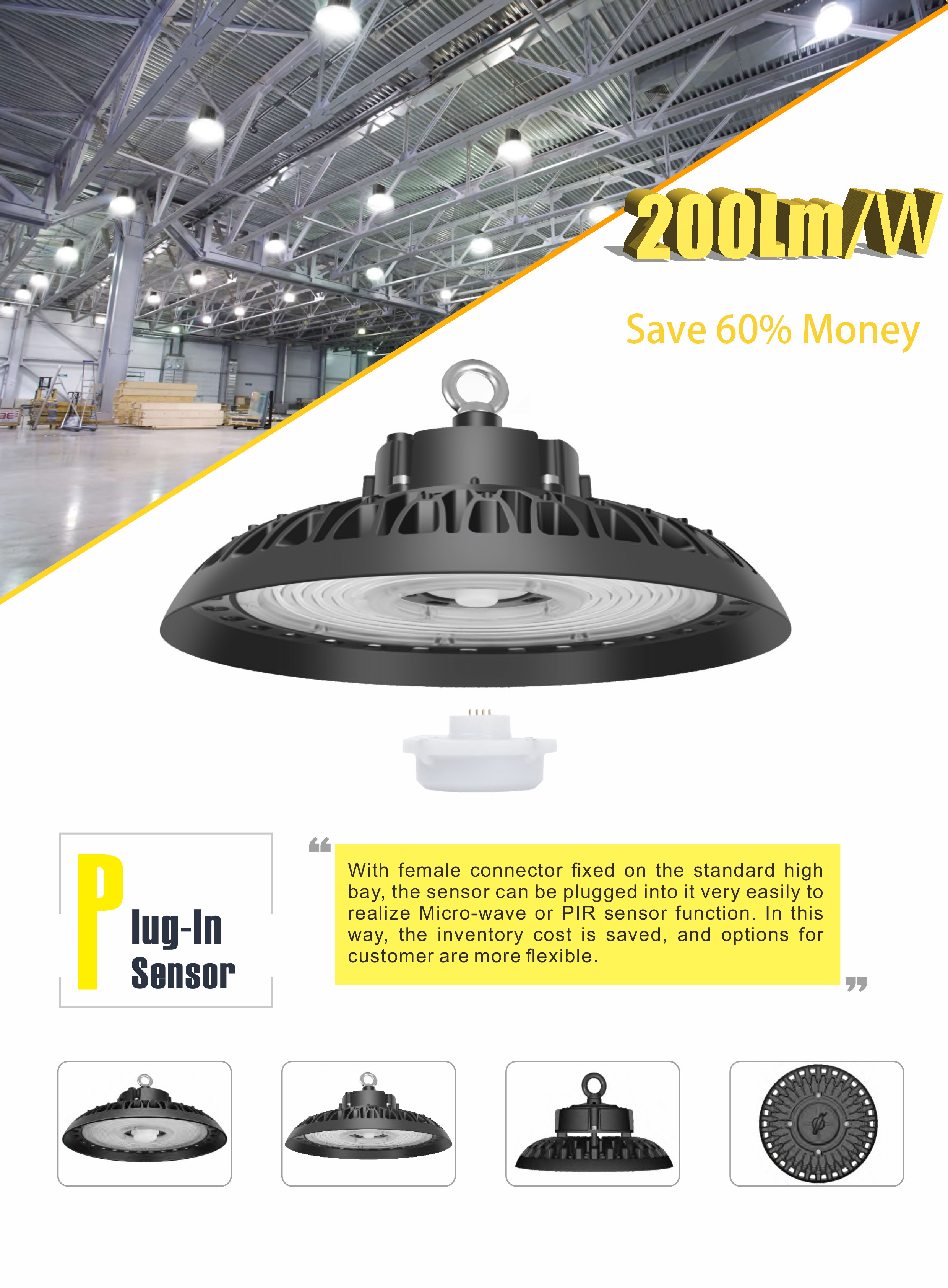 100w 120w 150w 200w Led High Bay Light 200lm/w UFO High Bay  With Sensor For Warehouse Stadium