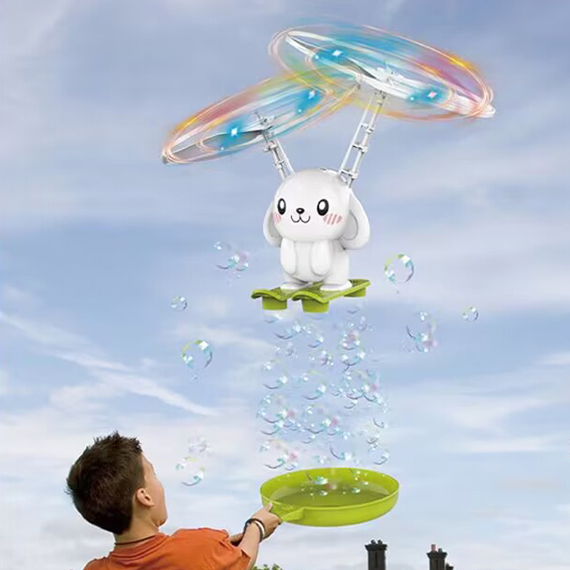 Kids bubble aerobat summer outdoor blower maker machine hand control induction helicopter flying bear plane light up bubble toy