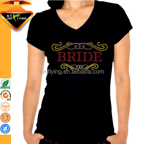 Personal Custom Evil Eye Rhinestone Transfer Design Iron On Cotton Black V-neck Women T-shirt Wholesale