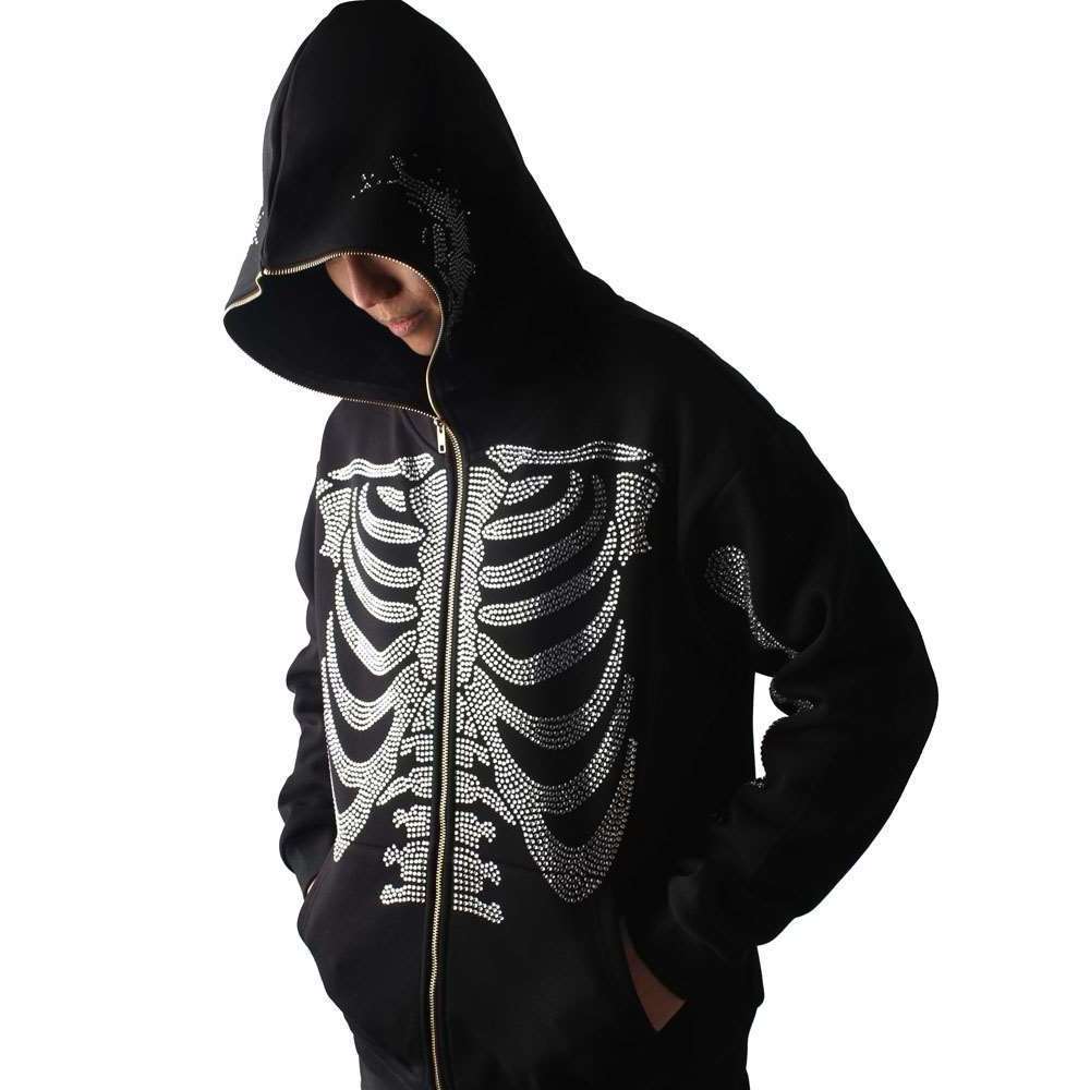 Wholesale Factory Custom Rhinestone Hoodies Fleece Bling Skull Skeleton Logo Design Full Zip Up Rhinestone Hoodies