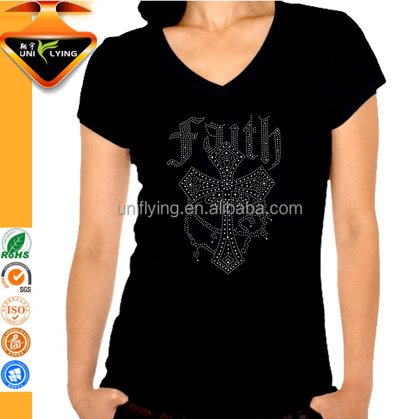 Personal Custom Evil Eye Rhinestone Transfer Design Iron On Cotton Black V-neck Women T-shirt Wholesale